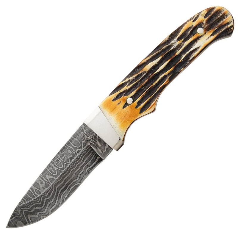 Bear & Son Damascus Pro Hunter, 3.2" Blade, Stag Handle, Sheath - 549D