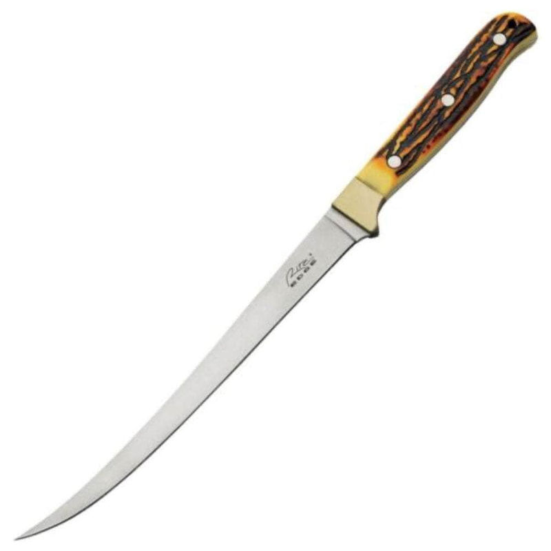 Rite Edge Fillet Knife, 12.25" Overall Length, Faux Stag Handle, Leather Sheath 211560