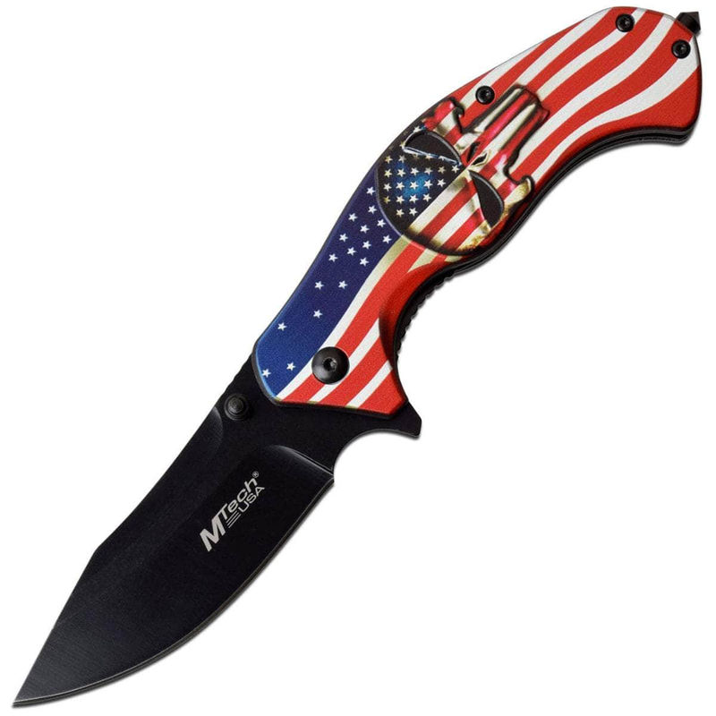 MTech Spring Assisted Knife, 3.25" Blade, American Flag Skull Handle - MT-A1025A