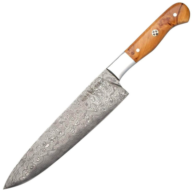 White Deer Damascus Steel Chef Knife, 8" Blade, Olive Wood Handle