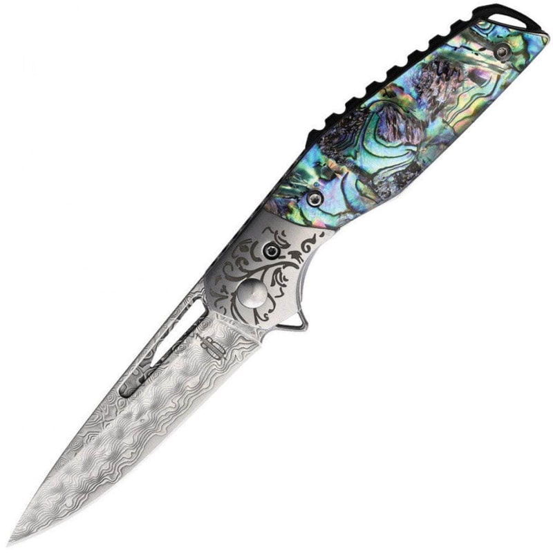 BnB Knives Abalone Flipper, 3" Damascus Blade, Abalone Handle, Sheath - BNB1991A