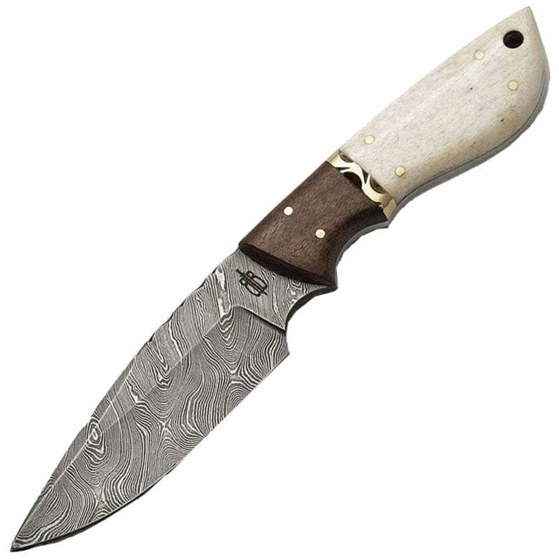 BnB Knives Drop Point Hunter, 4" Damascus Blade, Camel Bone Handle - BNB134652