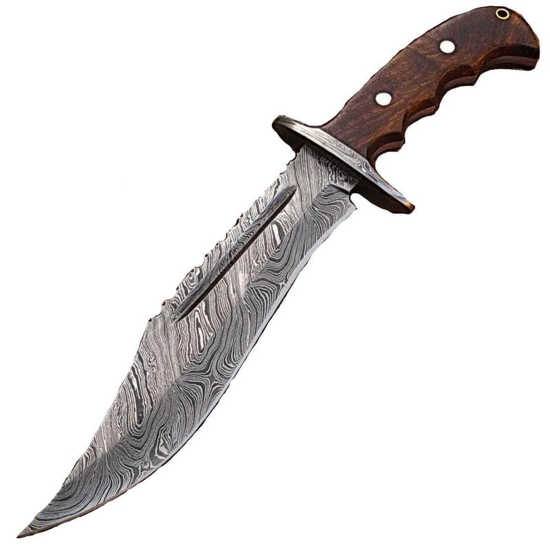 White Deer Damascus Bowie Knife, 8.6" Blade, Rosewood Handle, Sheath - DM-2248