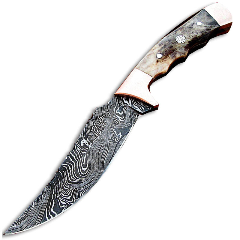 White Deer Damascus Steel Bowie, 5" Blade, Giraffe Bone/Copper Handle, Sheath