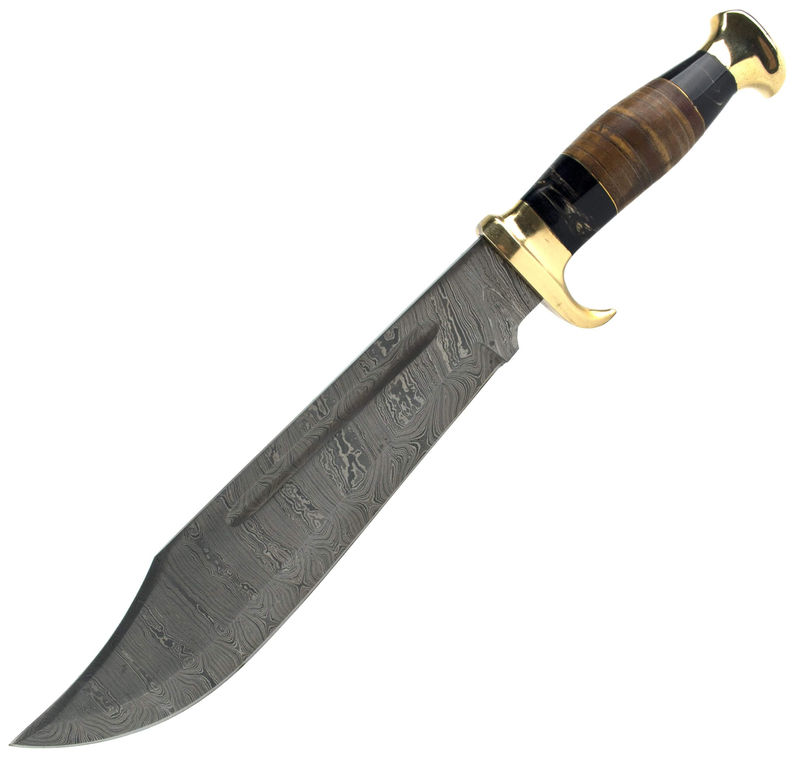 White Deer Damascus Outback American Bowie, 12.2" Blade, Leather/Buffalo Horn Handle, Sheath - DM-002