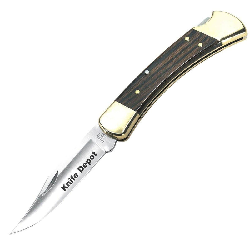 Engraved Buck 110 Folding Hunter, 3.75" 420HC Blade, Crelicam Ebony Handle, Sheath