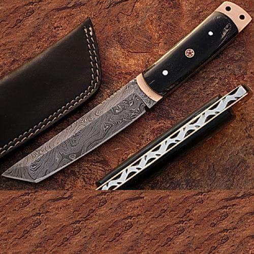 White Deer Damascus Tanto Hunting Knife, 5" Blade, Horn Handle, Sheath - DM-2196