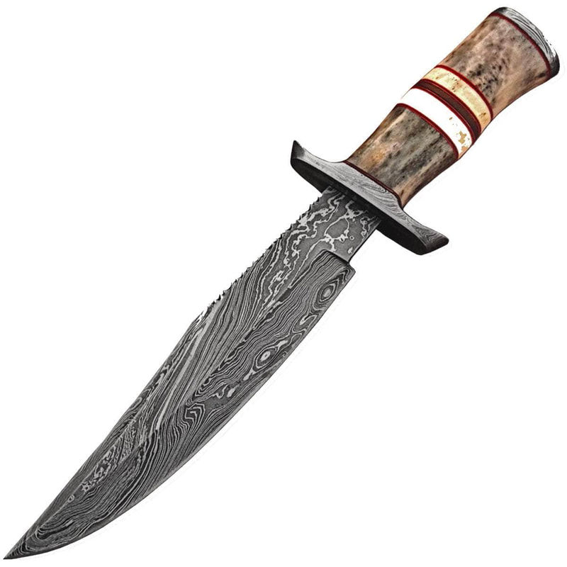 White Deer Damascus Hunting Knife, 8" Blade, Bone Handle, Leather Sheath
