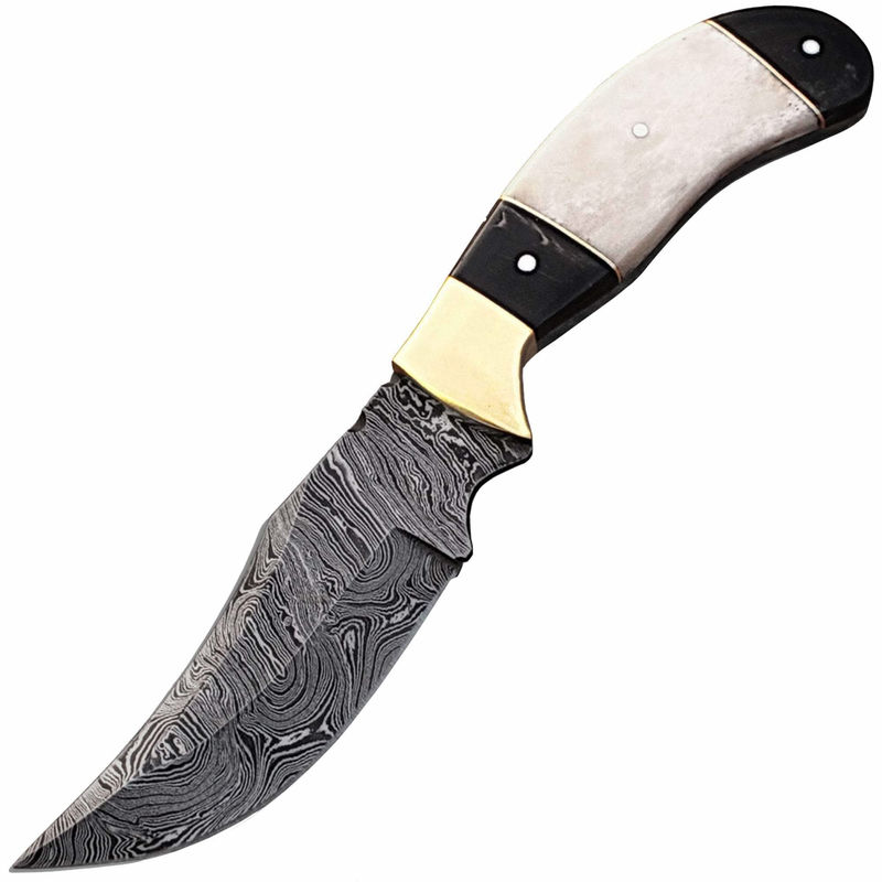 White Deer Damascus Hunting Knife, 4.5" Blade, Buffalo Horn/Camel Bone Handle, Sheath DM-2165