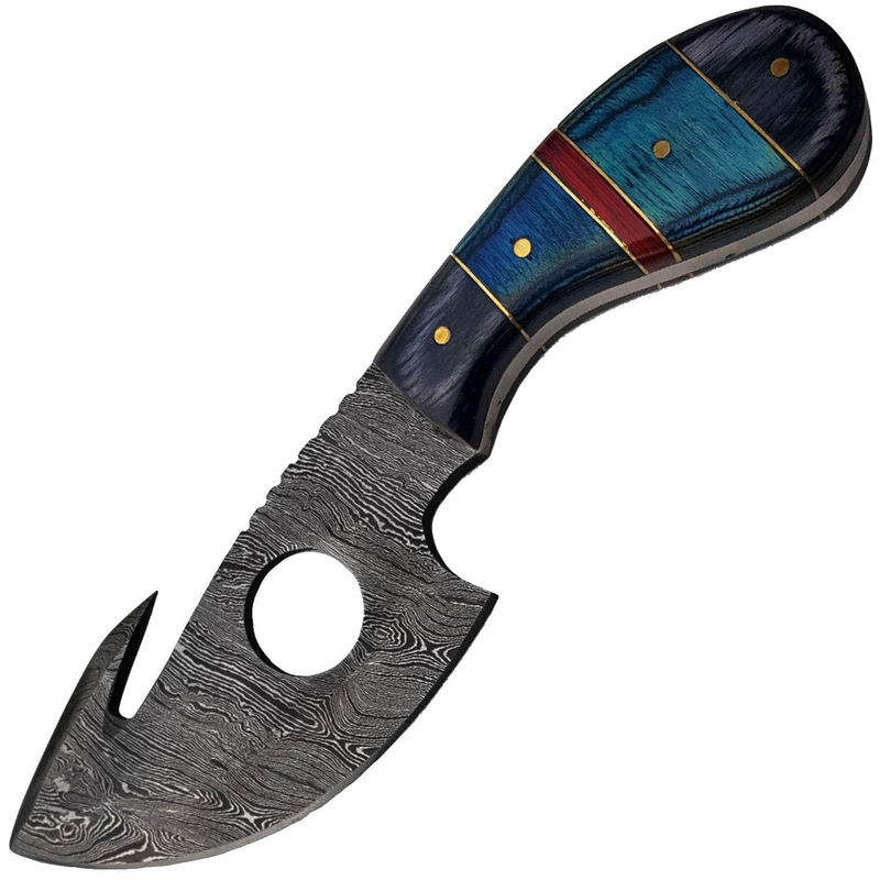 [Discontinued] White Deer Damascus Gut Hook Hunting Knife, 4.5" Blade, Wood Handle, Sheath - DM-2131