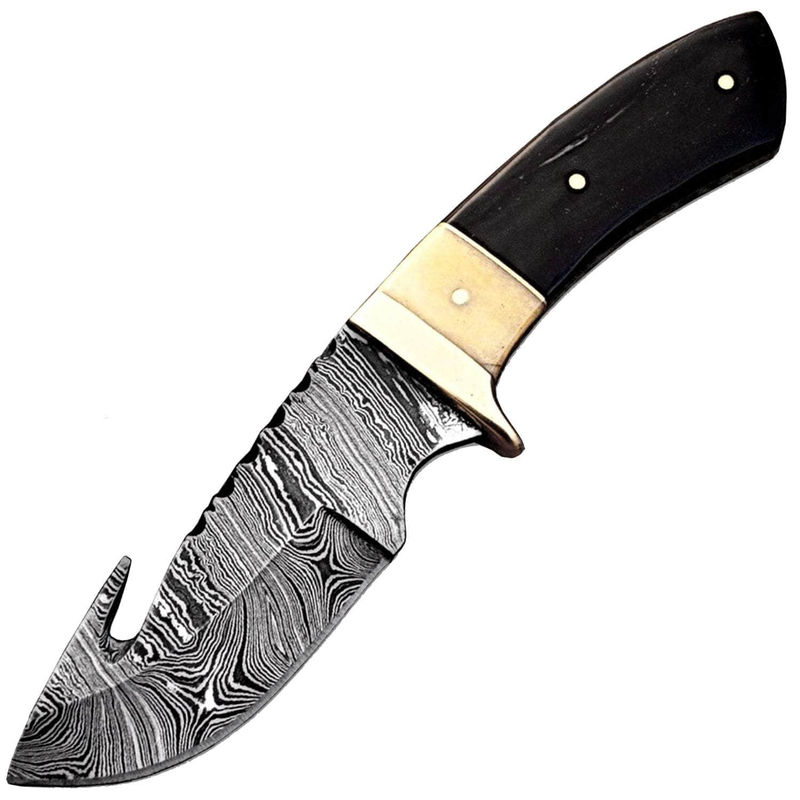 White Deer Damascus Hunting Knife, 4" Guthook Blade, Bone/Horn Handle, Sheath DM-2164