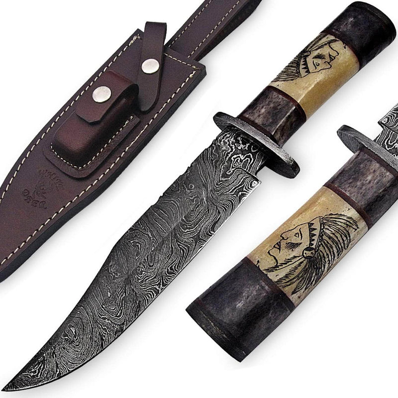 White Deer Outback Damascus Bowie, 7.4" Blade, Bone Handle, Sheath - DM-2418