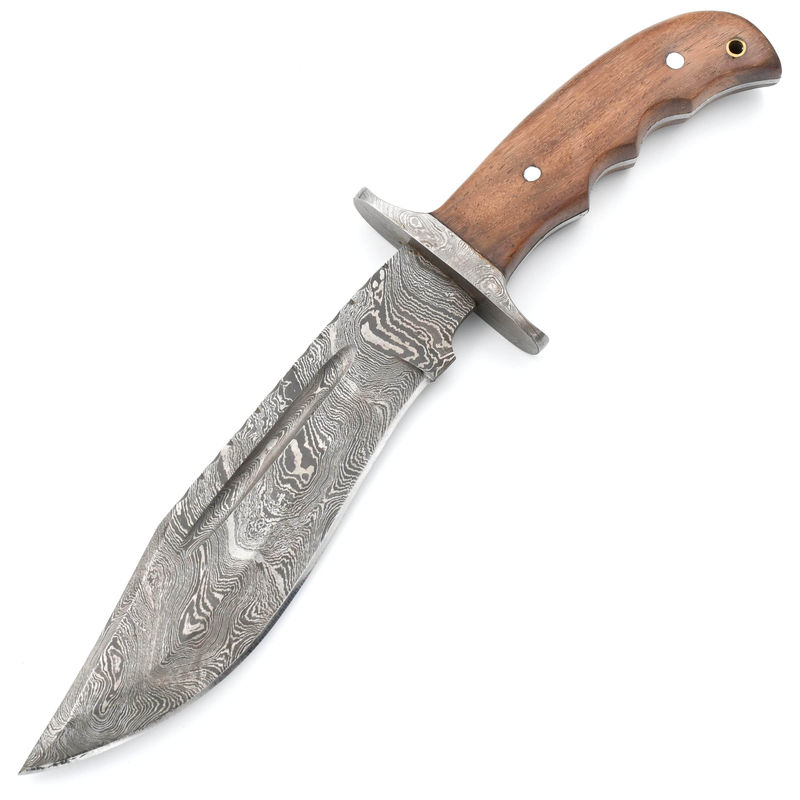 White Deer San Mai Damascus Bowie Knife, 8.6" Blade, Wood Handle, Sheath - WDM-2436