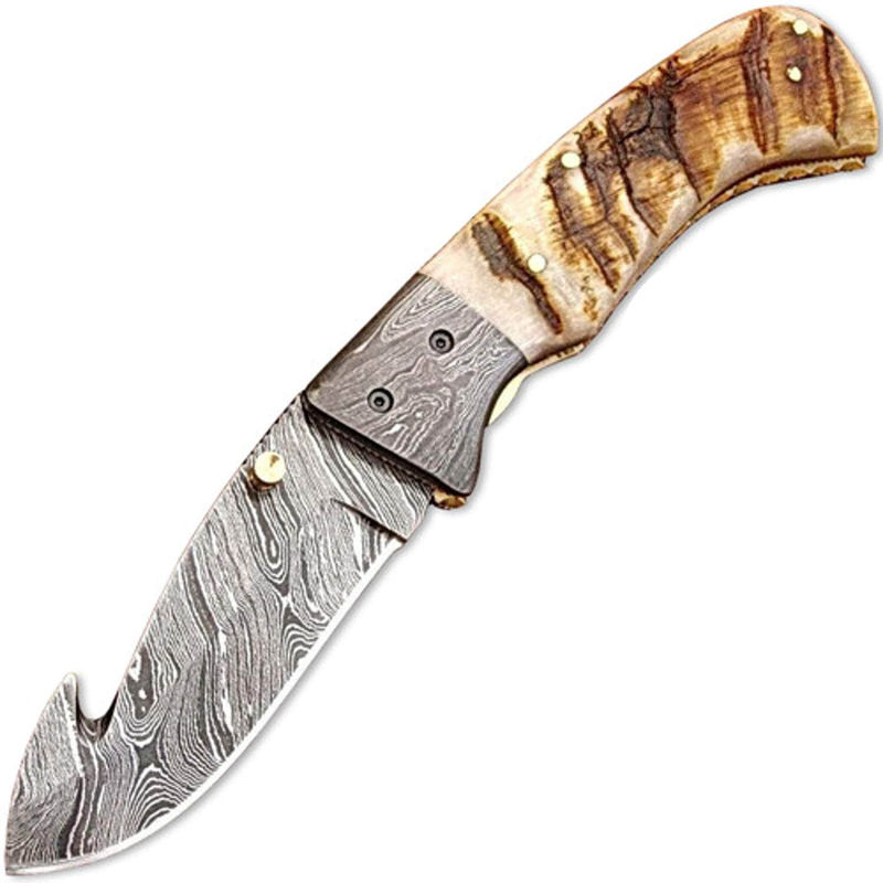 White Deer Folding Guthook Knife, 3.4" Damascus Blade, Horn Handle, Sheath - FDM-2537