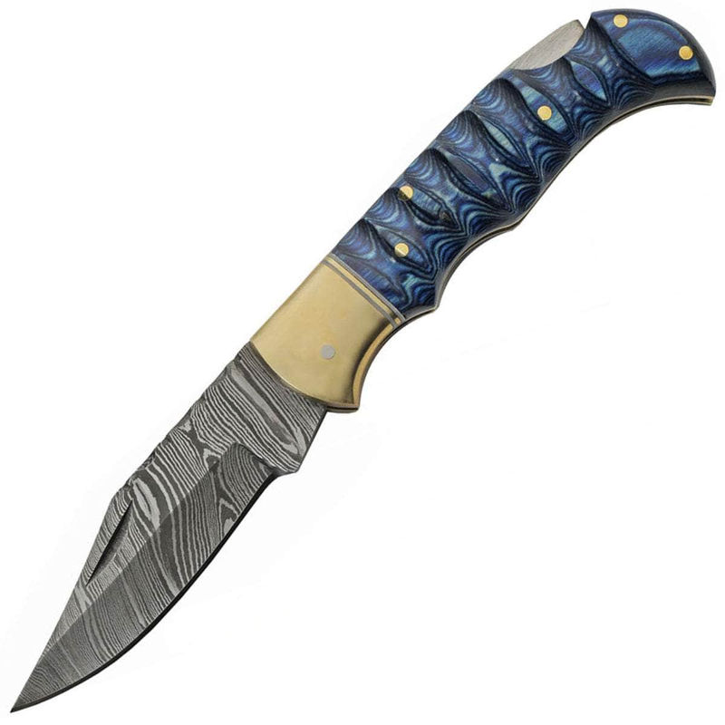 Damascus Lockback, 3" Blade, Blue Wood Handle, Leather Sheath V DM-1303BL
