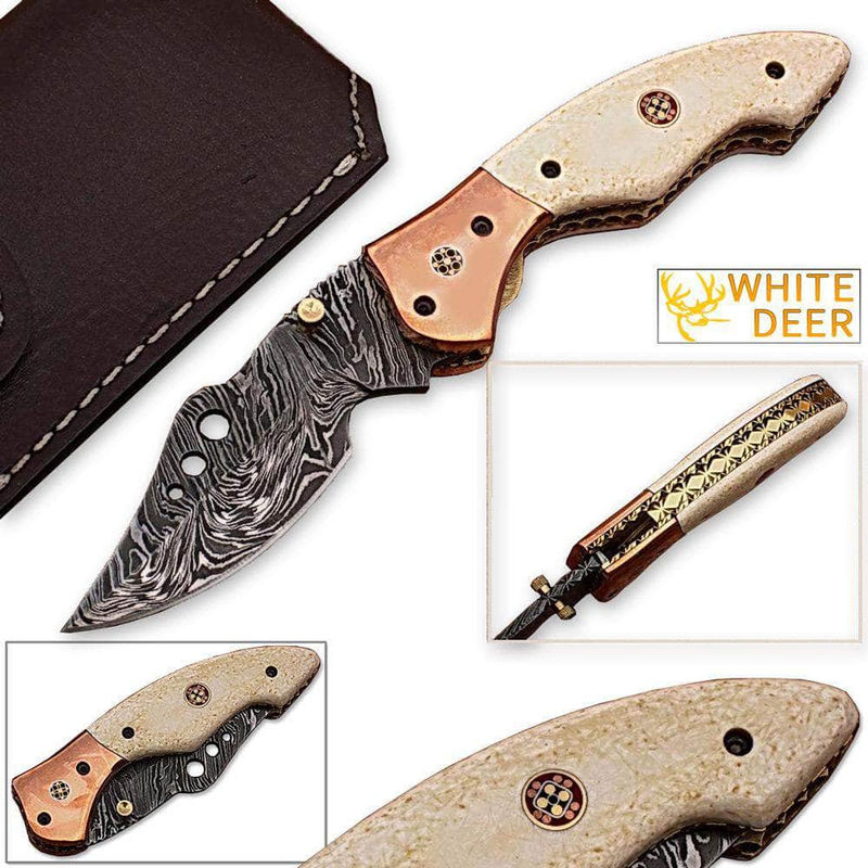 White Deer Executive Series Damascus Folder, 3.5" Blade, Bone/Copper Handle - FDM-2534