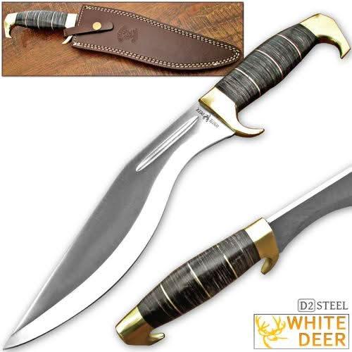 White Deer Extreme Duty D2 Jungle Kukri Knife, 10.375" Blade, Wood Handle, Sheath
