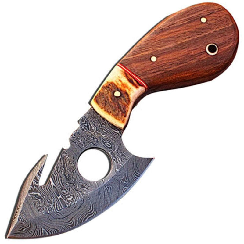 White Deer Damascus Gut Hook Knife, 3.5" Blade, Stag/Wood Handle, Sheath - DM-1025