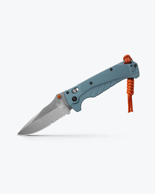 Benchmade 18060S Adira Axis Lock Folder Partially Serrated Drop Point Stonewash CPM-Magnacut Blade with Depth Blue Grivory Handles