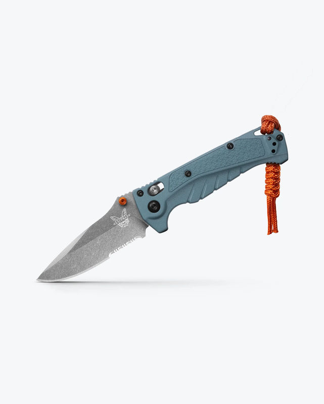 Benchmade 18065S Mini Adira AXIS Lock Folder Partially Serrated Drop Point Stonewash CPM-Magnacut Blade with Depth Blue Grivory Handles