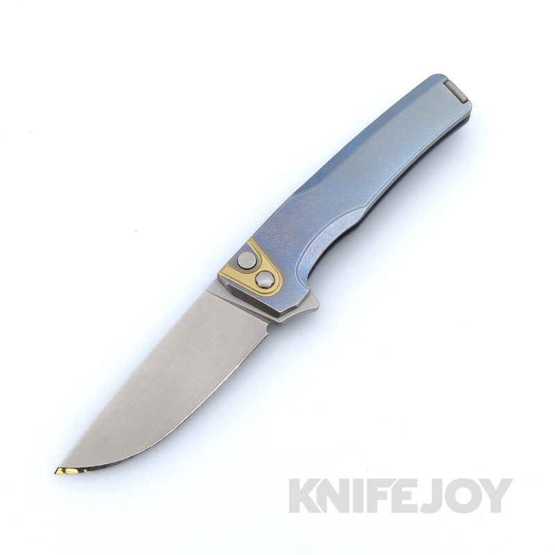 MachineWise Sonora Button Lock Folder 20CV with Ice Blue Fine Step Textured Grade 5 Integral Titanium Handles and Brass Bolster