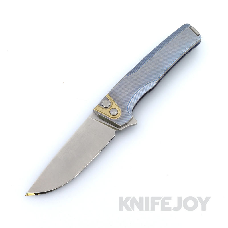 MachineWise Sonora Button Lock Folder 20CV with Light Blue Fine Step Textured Grade 5 Integral Titanium Handles and Brass Bolster