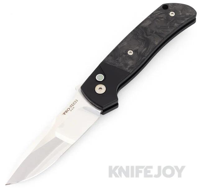 Pro-Tech Knives 2024 Terzuola ATCF Custom 003 Auto - Black Aluminum & "Dark Matter" Fat Carbon Fiber Inlays Black Lip Pearl Button, Mike Irie Mirror Polished Polished Blade, 3D Milled Titanium Clip - Scratch & Dent