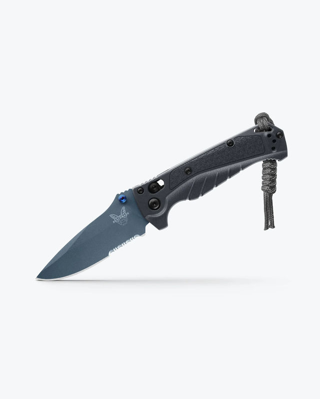 Benchmade 18065SBT-01 Mini Adira AXIS Lock Folder Partially Serrated Drop Point Blue Cerakote CPM-Magnacut Blade with Tempest Gray Grivory Handles