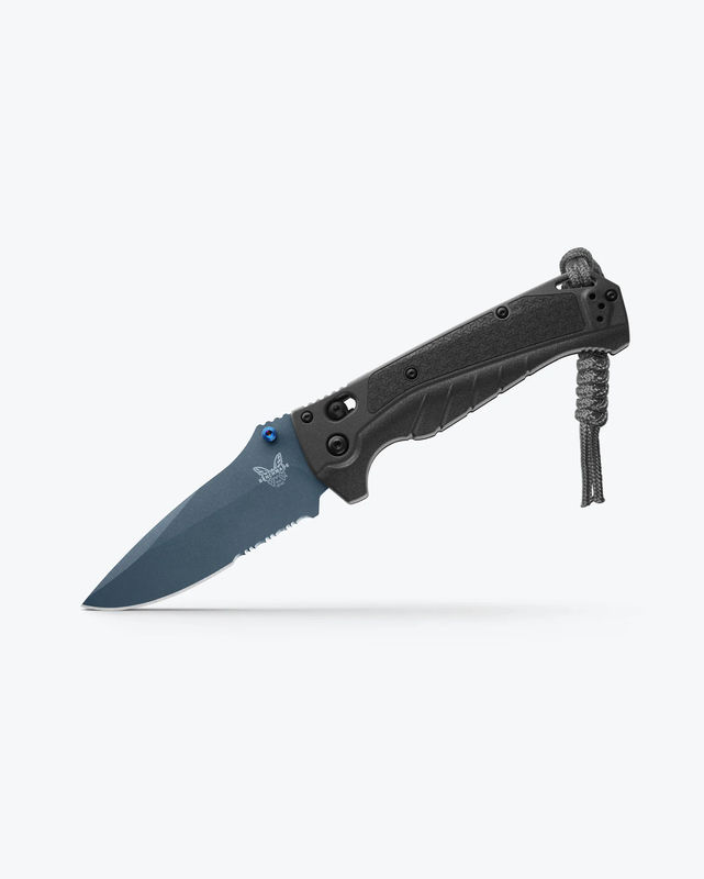 Benchmade 18060SBT-01 Adira Axis Lock Folder Partially Serrated Drop Point Cerakote Blue CPM-Magnacut Blade with Tempest Gray Grivory Handles