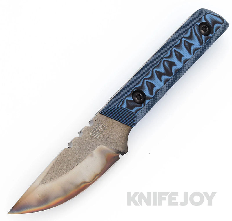 Bald Man Knife and Tool Thicker Clipper Fixed Blade Flamed Magnacut Blade with Black/ Blue G10 Handles