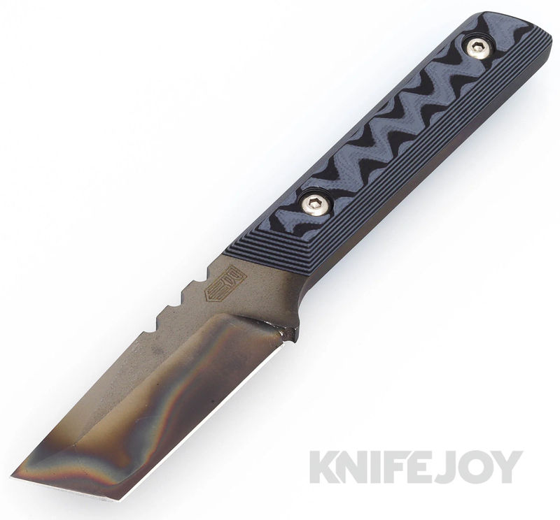 Bald Man Knife and Tool Thicker Clipper T Fixed Blade Flamed Magnacut Tanto Blade with Black/ Grey G10 Handles