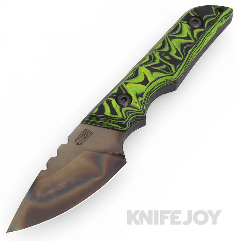 Bald Man Knife and Tool Thick-A-Tross Fixed Blade Flamed Magnacut Blade with Ecto Swirl Layered G10 Handles