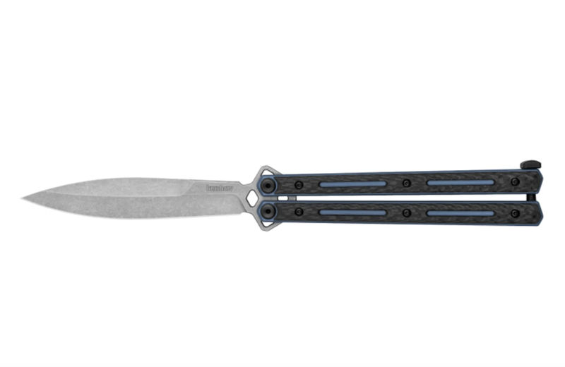 Kershaw 5150CF Lucha Balisong Butterfly Knife Working Finish Blade with Carbon Fiber/ Blue Liner Handles