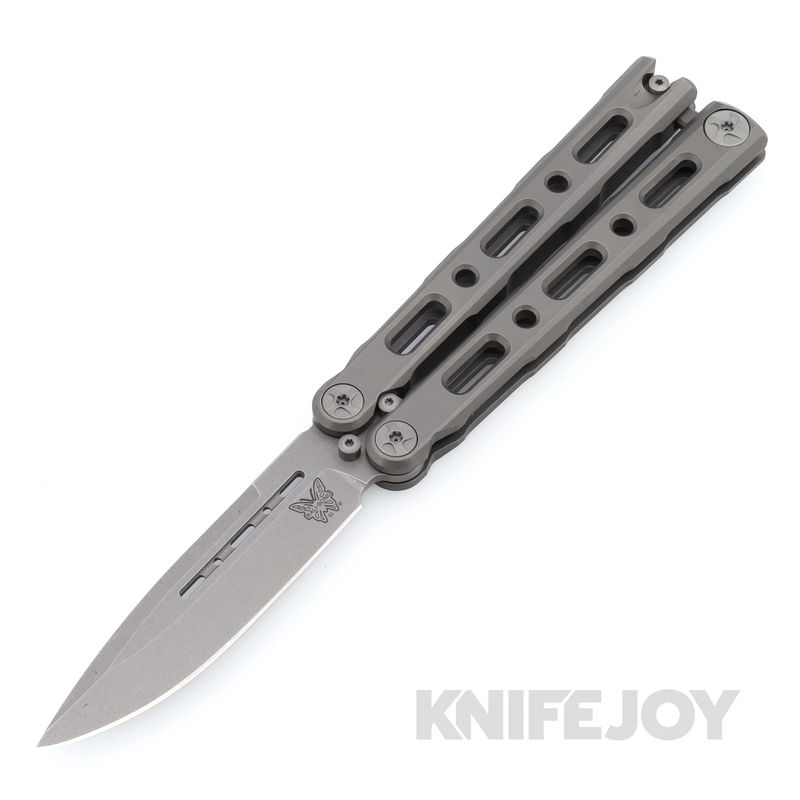 Benchmade 82 Laro Butterfly Balisong Knife Stonewash Magnacut Drop Point Blade with Gray Titanium Handles