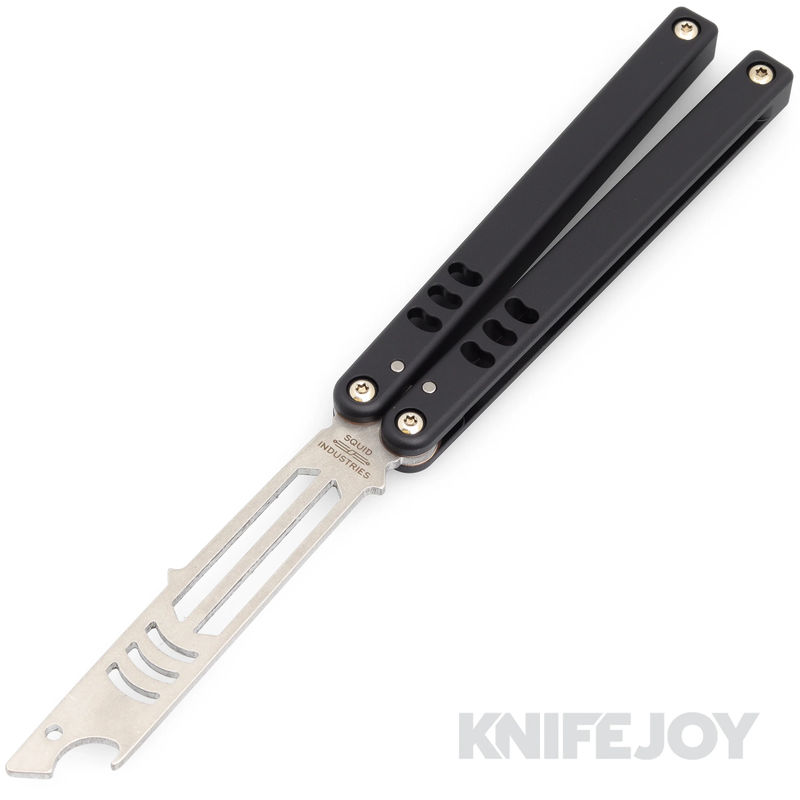 Squid Industries Knives Mako V4.5 Balisong Butterfly Bottle Opener Black Trainer Blade with Black Aluminum Handles