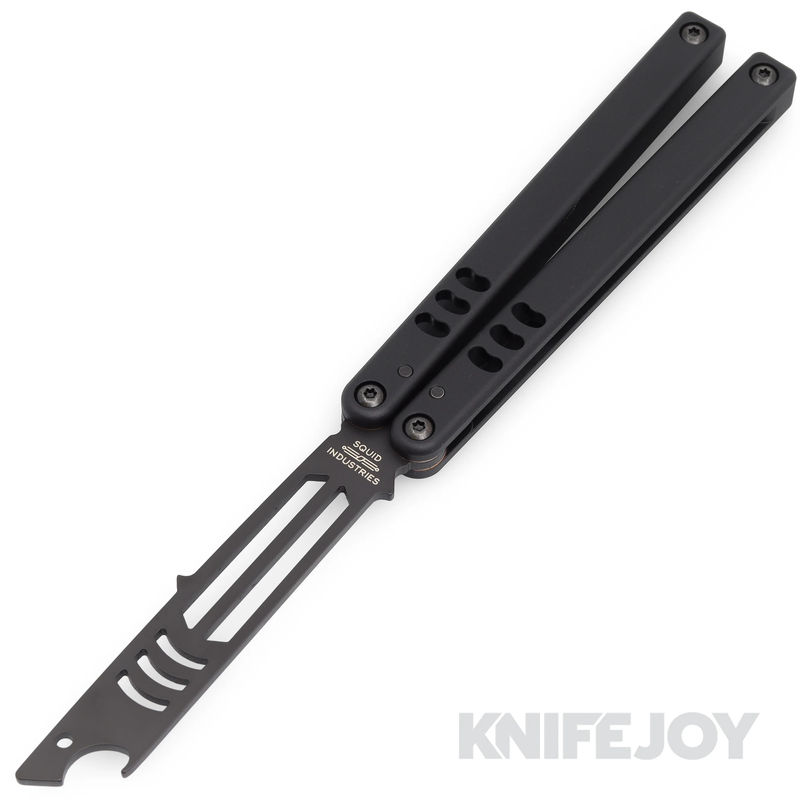 Squid Industries Knives Mako V4.5 Balisong Butterfly Bottle Opener Inked Black Trainer Blade with Black Aluminum Handles