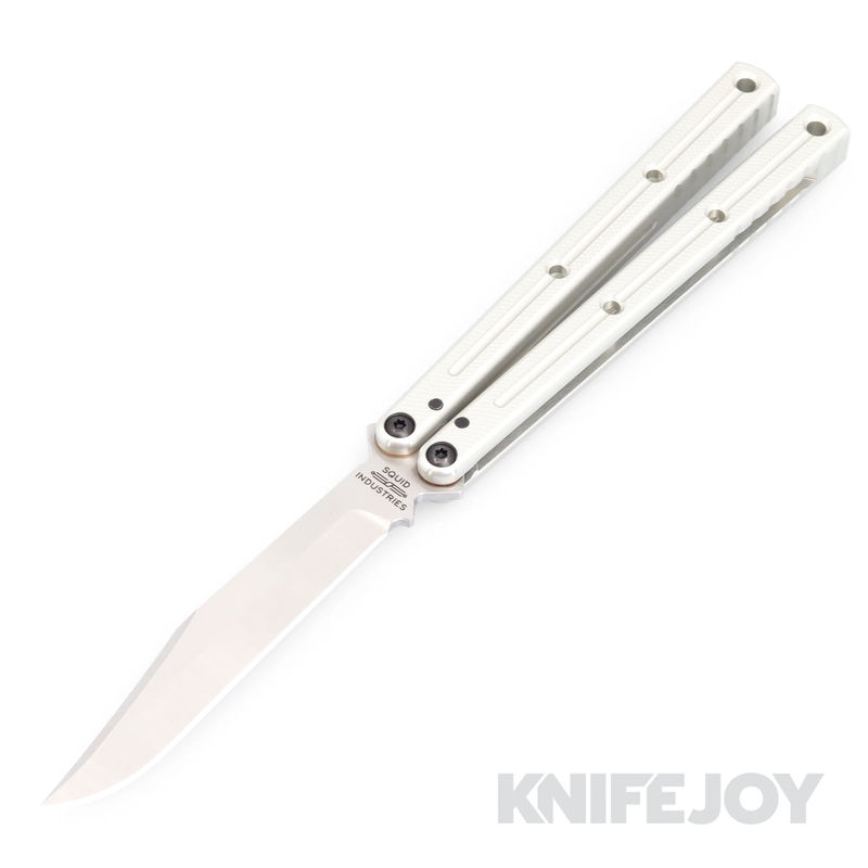 Squid Industries Knives Krake Raken V3 Balisong Butterfly Knife Satin Bowie Blade with Silver Anodized Aluminum Handles