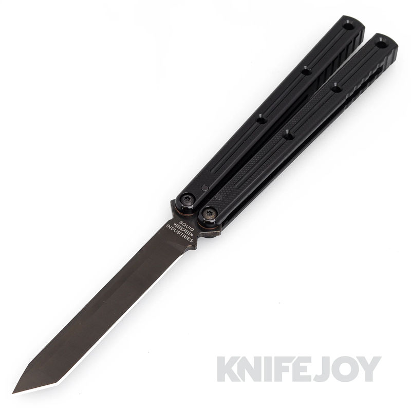 Squid Industries Knives Inked Black Krake Raken V3 Balisong Butterfly Black Tanto Blade with Black Aluminum Handles