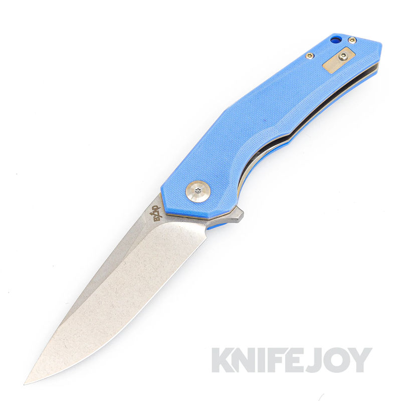 B'yond EDC SA1901DG-BL Arch Liner Lock Folder Satin Plain Blade with Blue G10 Handles