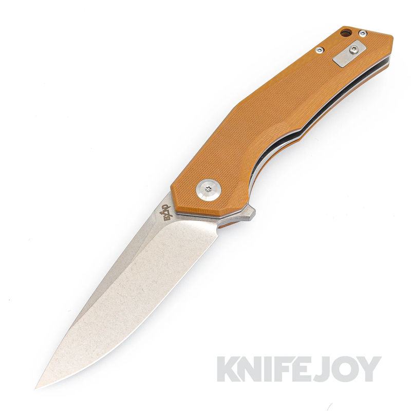B'yond EDC SA1901DG-BN Arch Liner Lock Folder Satin Plain Blade with Brown G10 Handles
