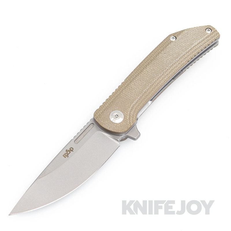 B'yond EDC BEDC2106 Dirk Pinkerton Custos Folder Satin Plain Blade with Tan Micarta Handles