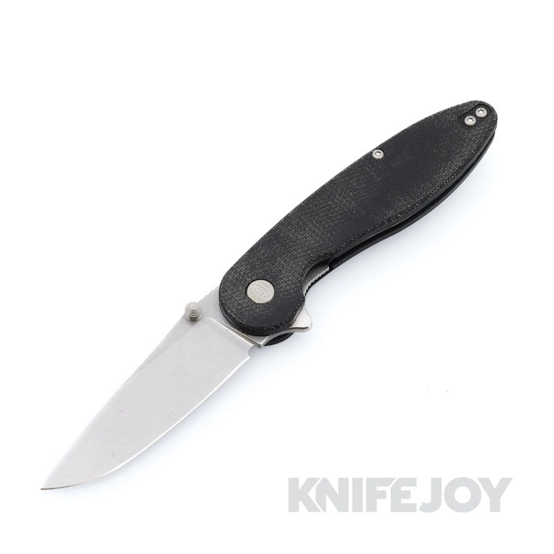 American Blade Works Model 1 V7 Flipper Stonewash Drop Point Magnacut Blade with Black Micarta Handles