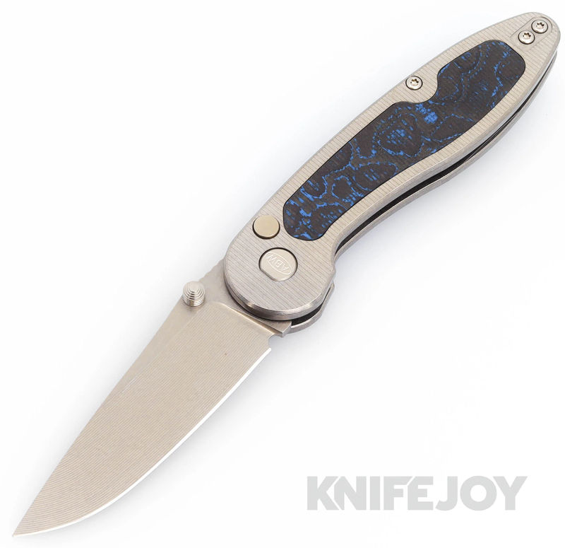 American Blade Works Model 1 V6 Button Lock Folder Stonewash Magnacut Blade with Electric Blue Carbon Fiber Inlay Titanium Handles
