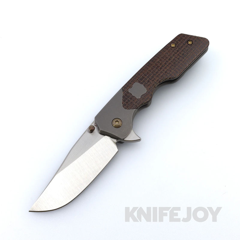 Attn2Detail Mercantile Knives Custom Mark 3 Medium Satin Magnacut Clip Point Blade with Integral Bolsters / Shield Inlay / Burlap Micarta Scales