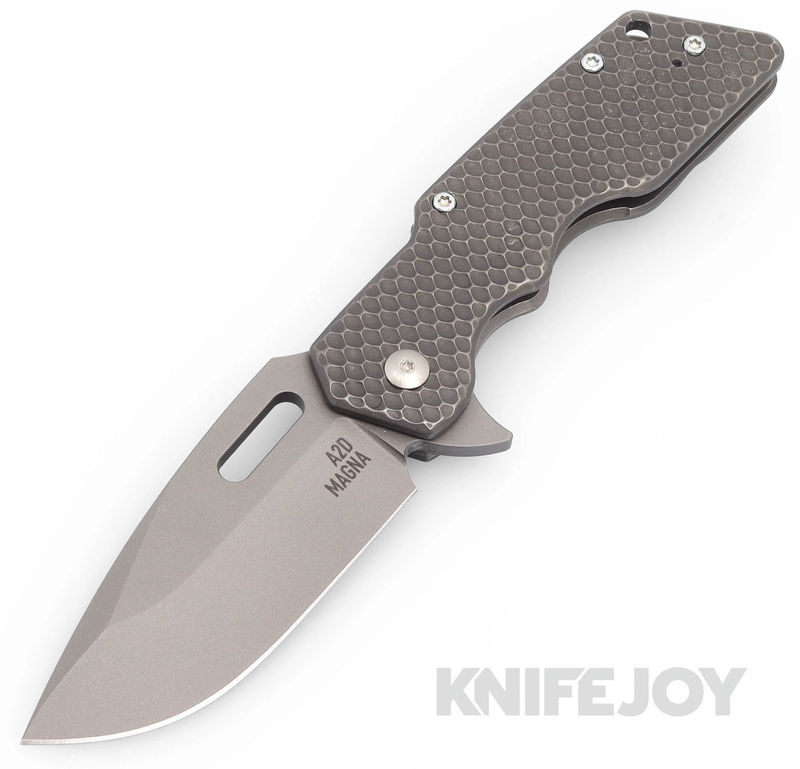 Attn2Detail Mercantile Knives Mark 1 Medium Blasted Magnacut Blade Standard Grind Blade with Stonewash Double Divot Titanium Handles