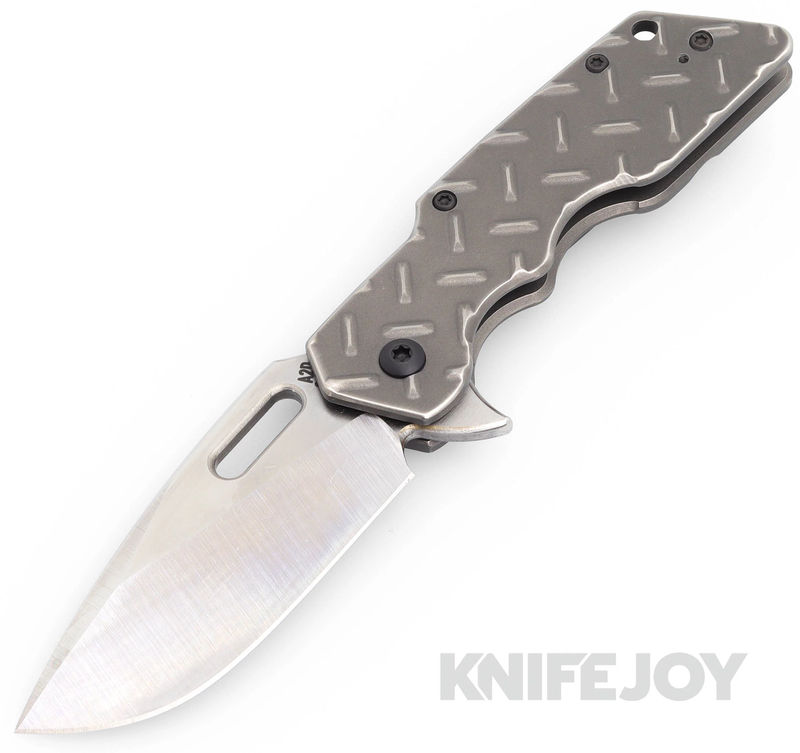 Attn2Detail Mercantile Knives Mark 1 Medium Satin Magnacut Drop Point Rising Grind Blade with Stonewash Treadplate Titanium Handles