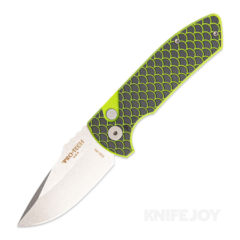 Pro-tech Knives PT-KJoySBR.01 Auto SBR Les George Exclusive KnifeJoy Short Bladed Rockeye with Green/Black Fish Scale Handles Stonewash Blade