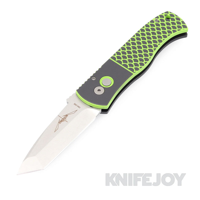 Pro-tech Knives KnifeJoy Exclusive Emerson KJoy.CQC7.01 Stonewash Chisel Tanto Blade Auto Knife with Green/ Black Fish Scale G10 and Black Aluminum Handles