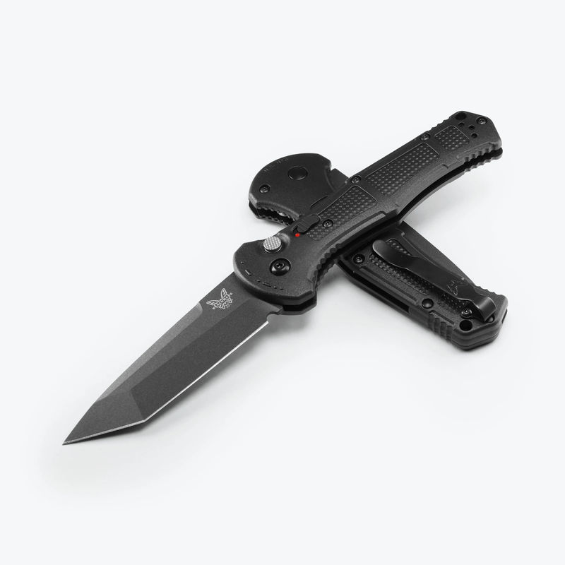 Benchmade 9071BK Claymore Auto Tanto Cobalt Black Plain Edge Blade with Black Grivory Handles
