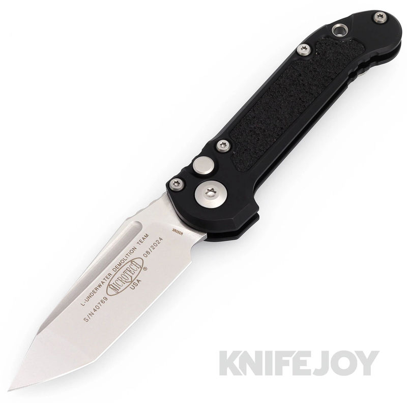MICROTECH 1136-10 Auto L.U.D.T. GEN III Auto Tanto Edge Stonewash Standard Blade with Black Aluminum Handles